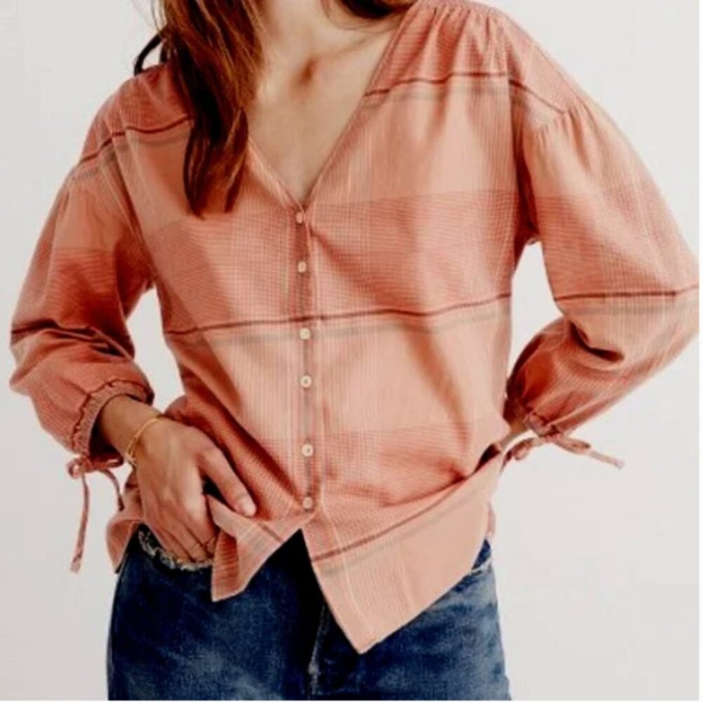 Madewell Morning View Peach Plaid Top V-neck Tie Sleeve Boho Cottagecore XS